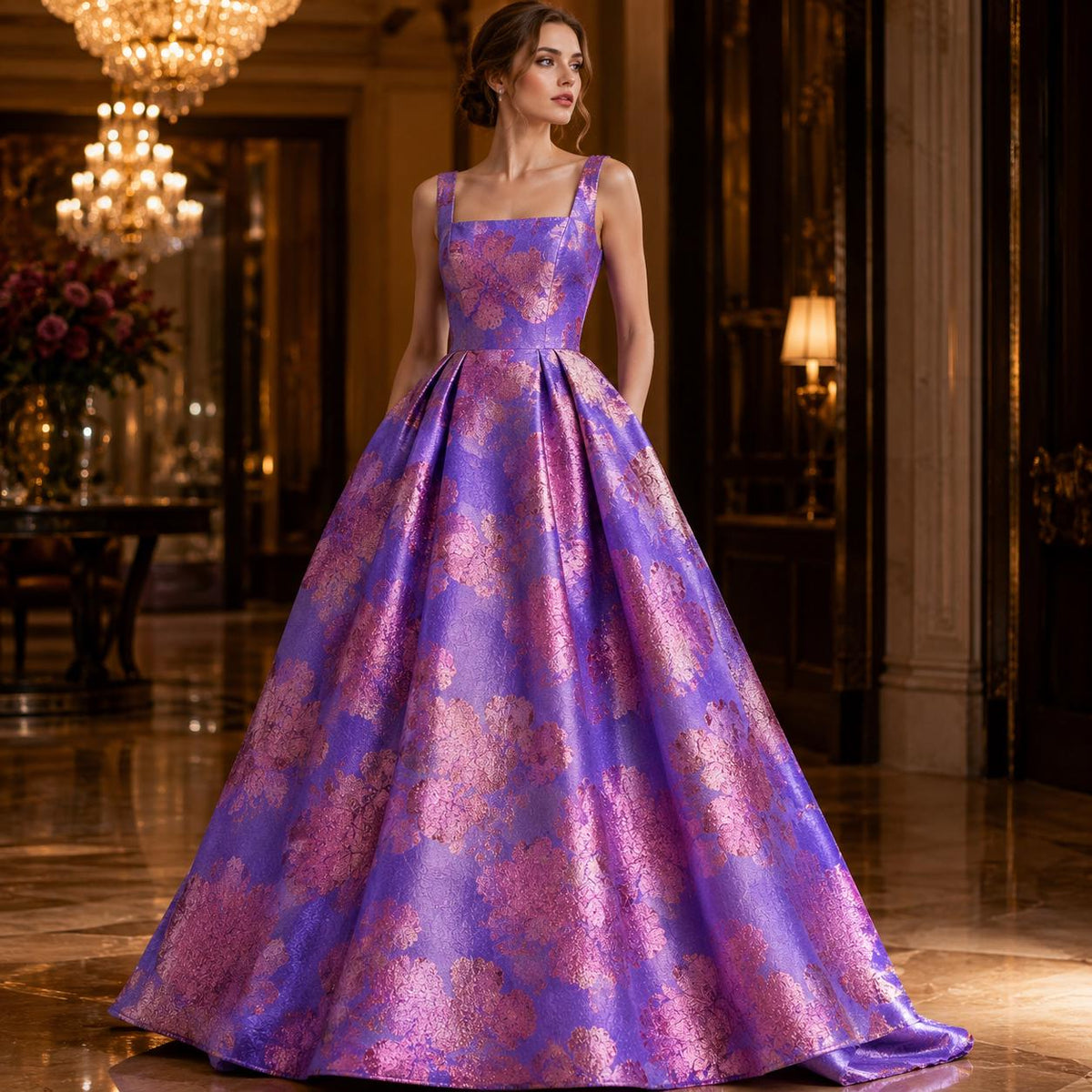 Purple Floral Jacquard Fabric by the Yard, Rose Gold Metallic Brocade for Evening Gowns & Formal Dresses