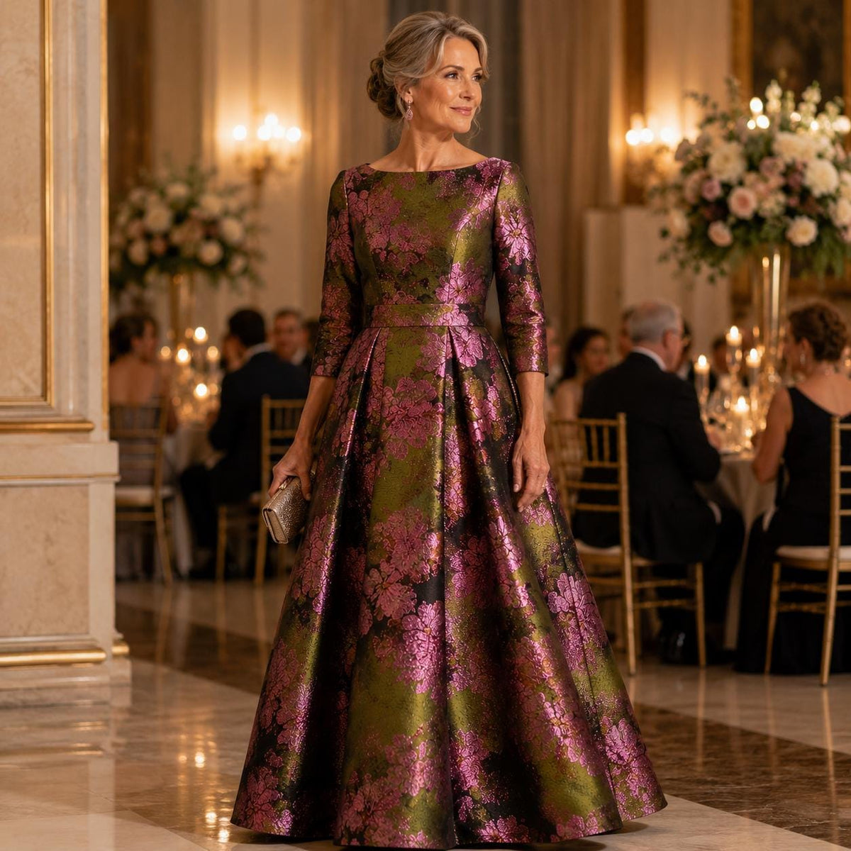 Olive Green Floral Jacquard Fabric by the Yard, Pink Metallic Brocade for Evening Gowns, Jackets & Couture