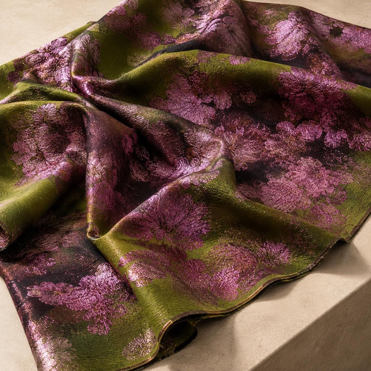 Olive Green Floral Jacquard Fabric by the Yard, Pink Metallic Brocade for Evening Gowns, Jackets & Couture