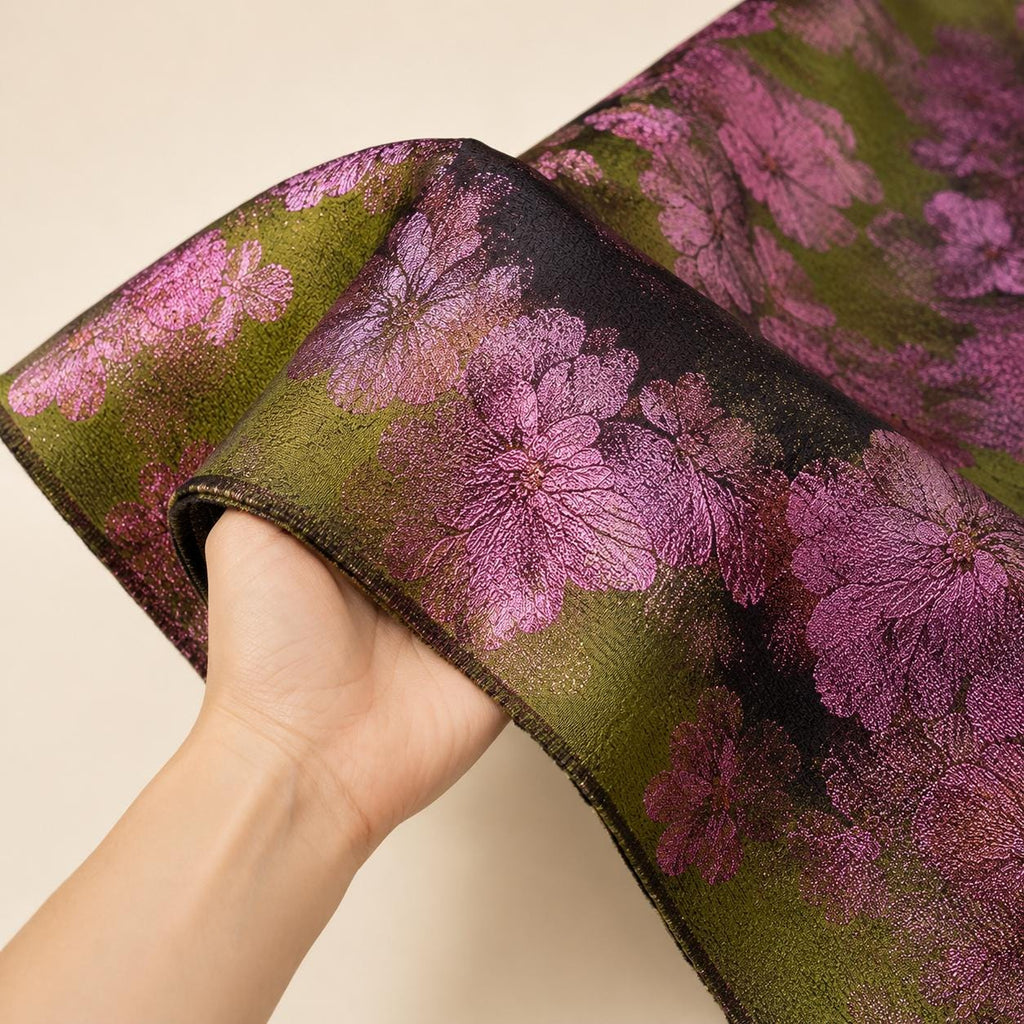 Olive Green Floral Jacquard Fabric by the Yard, Pink Metallic Brocade for Evening Gowns, Jackets & Couture
