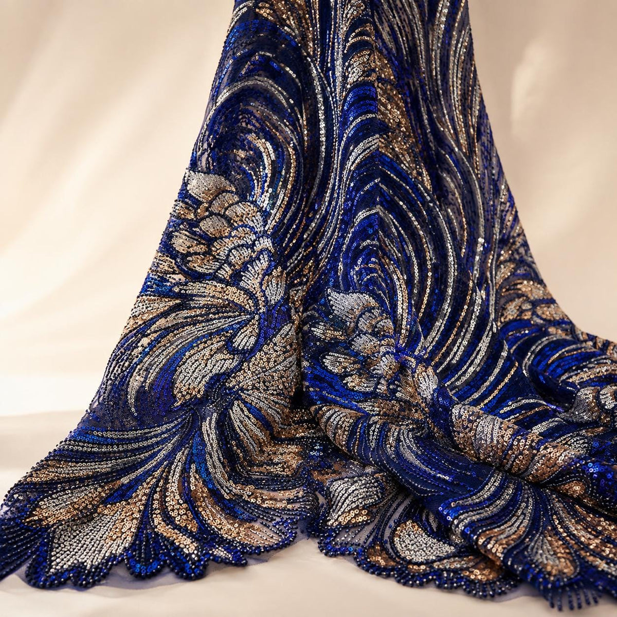 Navy Blue Beaded Lace Fabric by the Yard, Silver Gold Sequin Mesh for Evening Gowns, Gala Dresses & Couture
