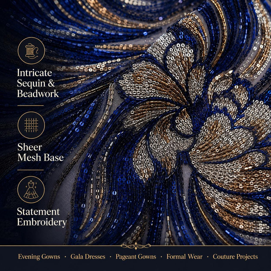 Navy Blue Beaded Lace Fabric by the Yard, Silver Gold Sequin Mesh for Evening Gowns, Gala Dresses & Couture