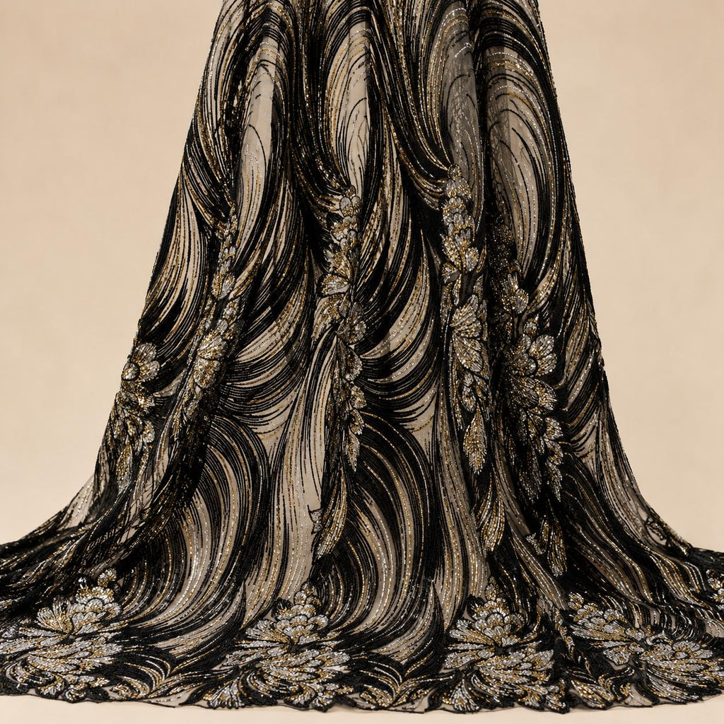 Black Gold Beaded Lace Fabric by the Yard, Silver Sequin Mesh with Wave Floral Embroidery, Evening Gown & Couture Fabric