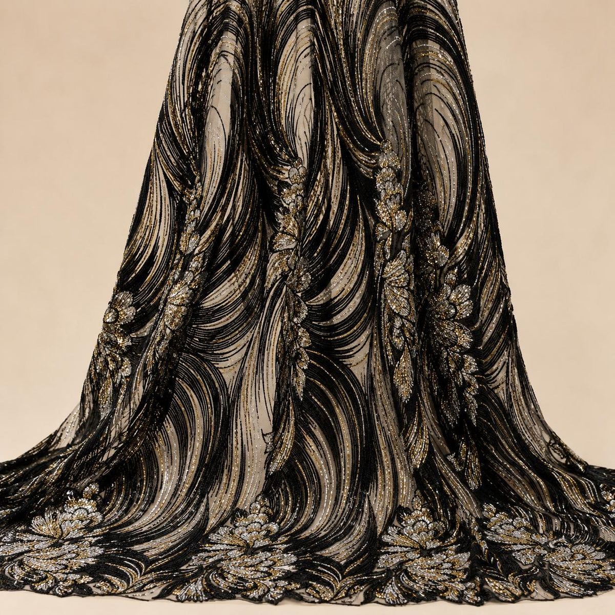 Black Gold Beaded Lace Fabric by the Yard, Silver Sequin Mesh with Wave Floral Embroidery, Evening Gown & Couture Fabric