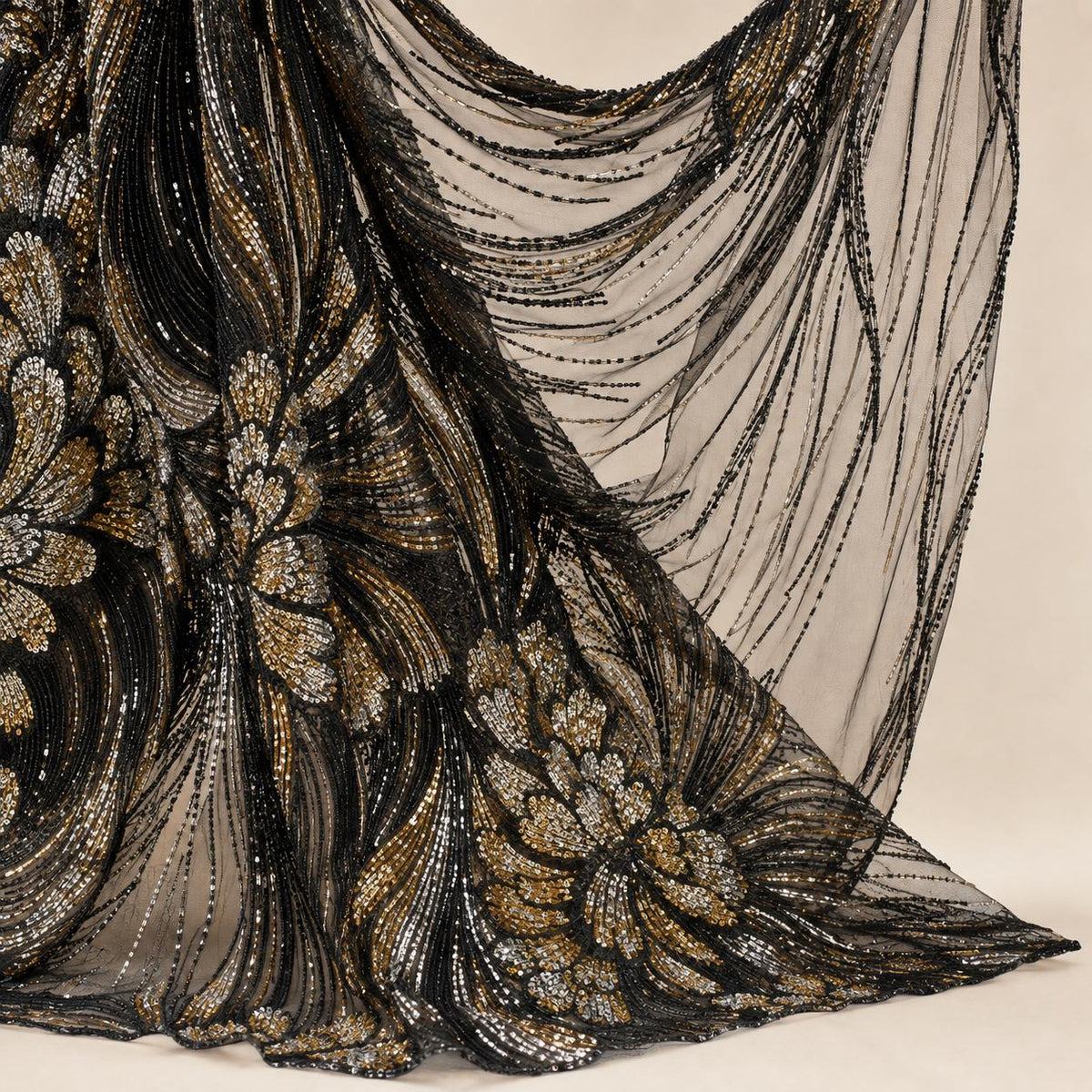 Black Gold Beaded Lace Fabric by the Yard, Silver Sequin Mesh with Wave Floral Embroidery, Evening Gown & Couture Fabric