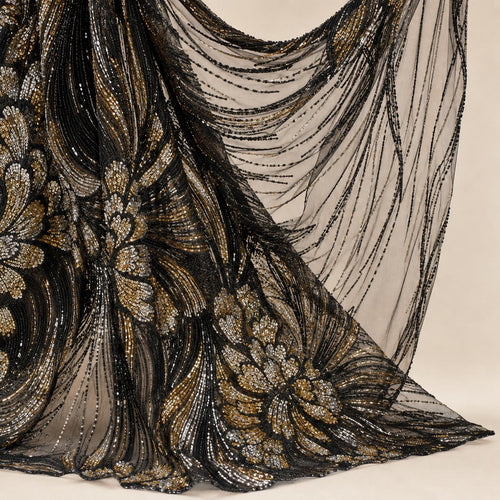 Black Gold Beaded Lace Fabric by the Yard, Silver Sequin Mesh with Wave Floral Embroidery, Evening Gown & Couture Fabric