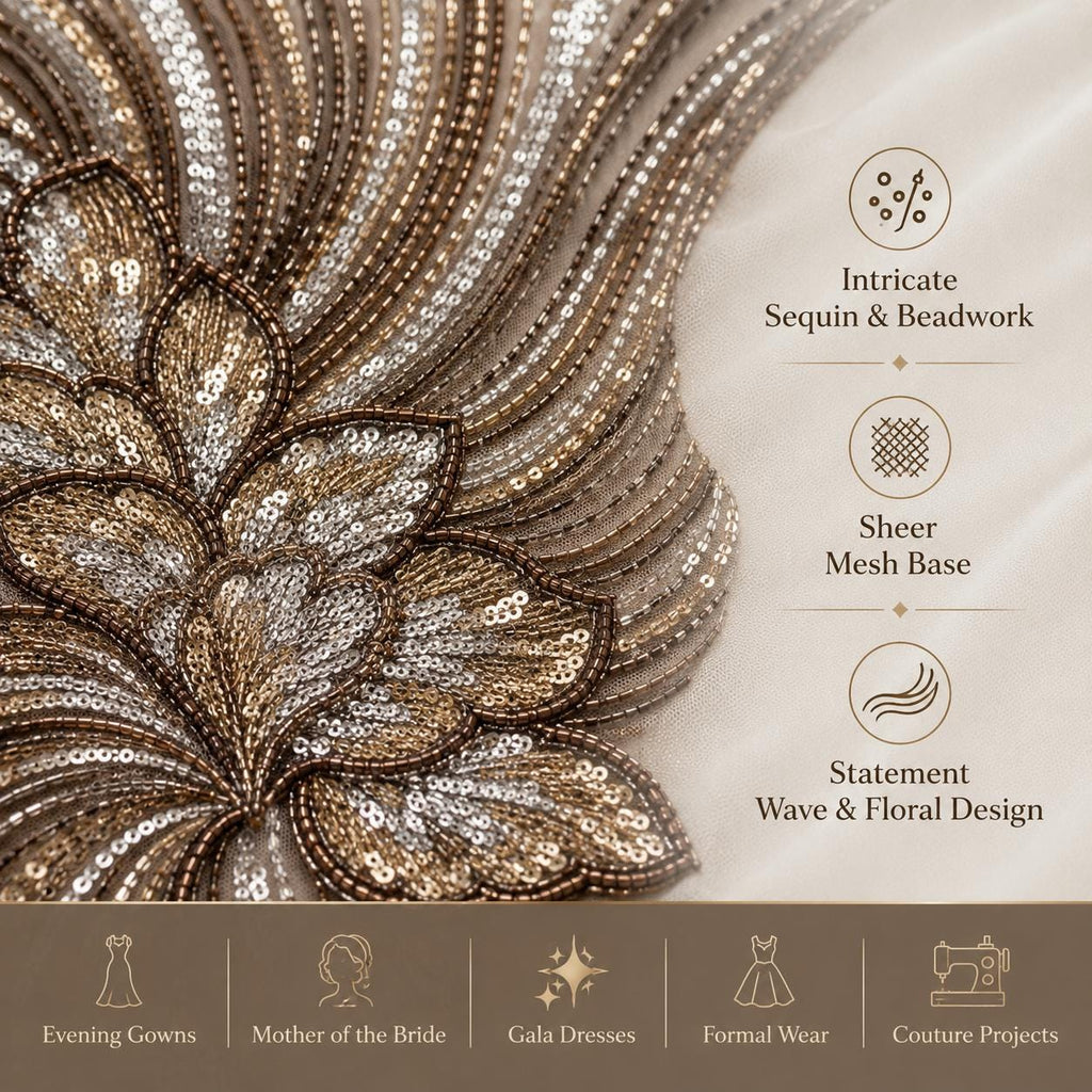 Champagne Gold Beaded Lace Fabric by the Yard, Silver Sequin Mesh with Wave Floral Embroidery, Evening Gown & Couture Fabric