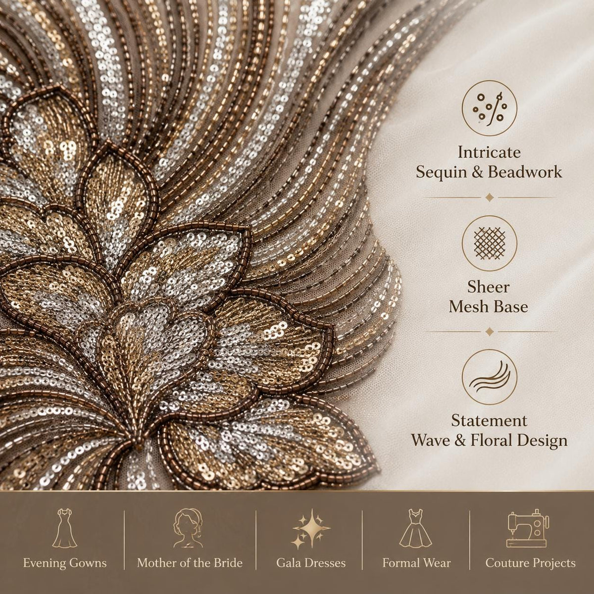 Champagne Gold Beaded Lace Fabric by the Yard, Silver Sequin Mesh with Wave Floral Embroidery, Evening Gown & Couture Fabric