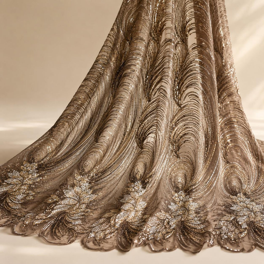 Champagne Gold Beaded Lace Fabric by the Yard, Silver Sequin Mesh with Wave Floral Embroidery, Evening Gown & Couture Fabric