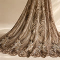 Champagne Gold Beaded Lace Fabric by the Yard, Silver Sequin Mesh with Wave Floral Embroidery, Evening Gown & Couture Fabric