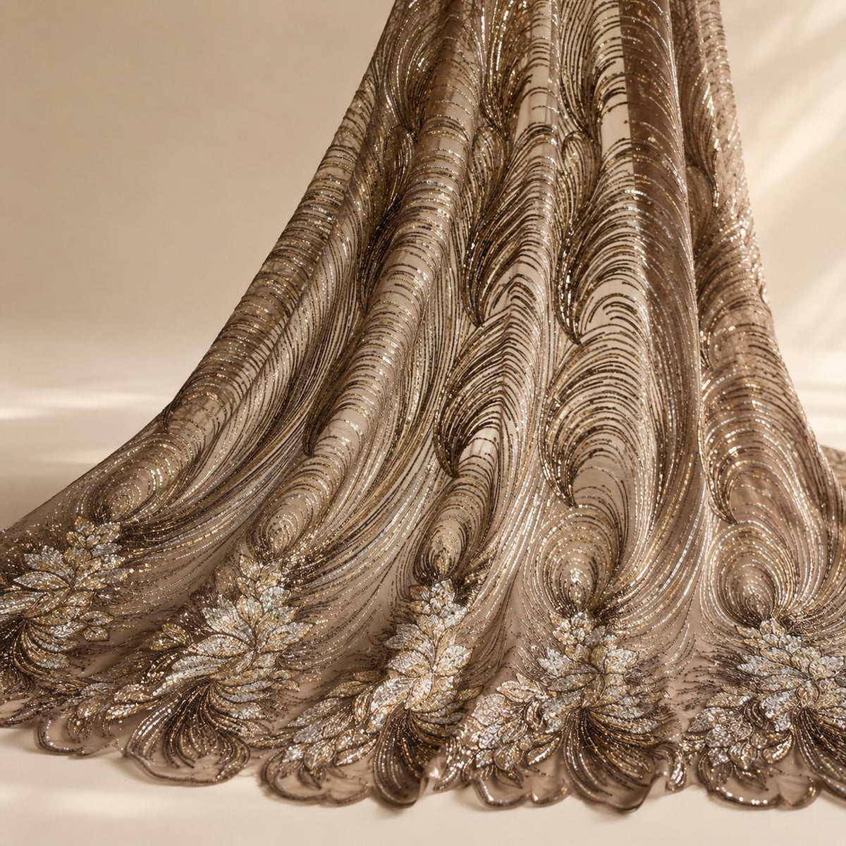 Champagne Gold Beaded Lace Fabric by the Yard, Silver Sequin Mesh with Wave Floral Embroidery, Evening Gown & Couture Fabric