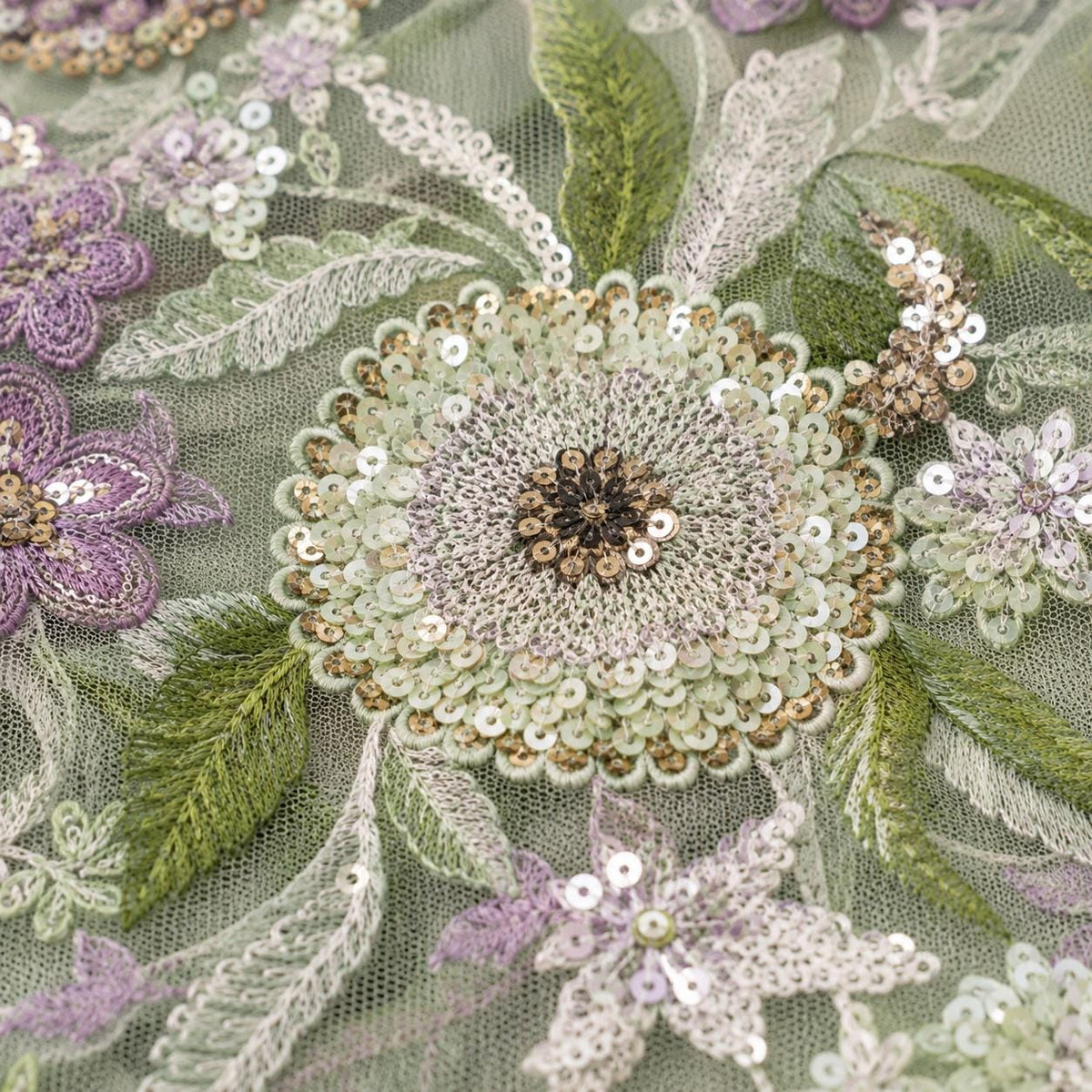 Sage Green Floral Sequin Lace Fabric by the Yard, Multicolor Embroidered Mesh with Lavender Flowers, Formal Gown & Couture Fabric