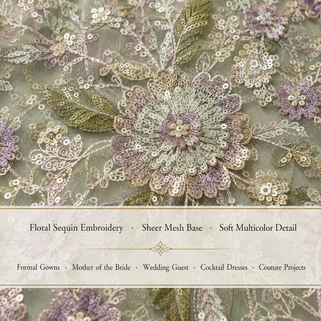 Sage Green Floral Sequin Lace Fabric by the Yard, Multicolor Embroidered Mesh with Lavender Flowers, Formal Gown & Couture Fabric
