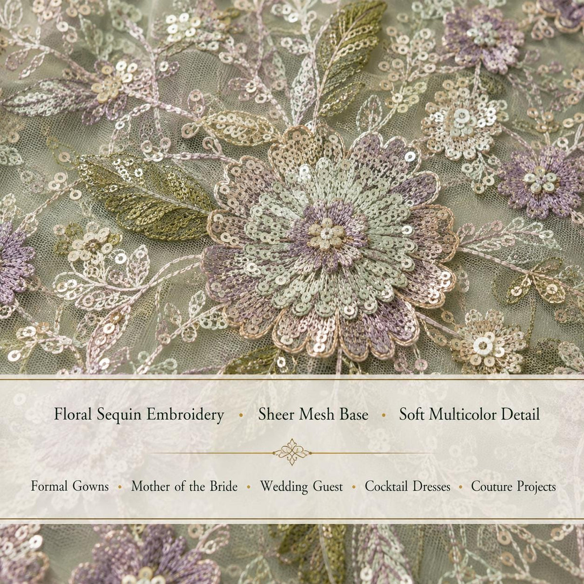 Sage Green Floral Sequin Lace Fabric by the Yard, Multicolor Embroidered Mesh with Lavender Flowers, Formal Gown & Couture Fabric
