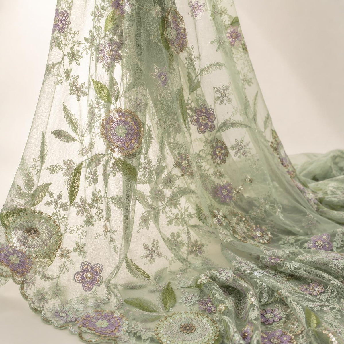 Sage Green Floral Sequin Lace Fabric by the Yard, Multicolor Embroidered Mesh with Lavender Flowers, Formal Gown & Couture Fabric