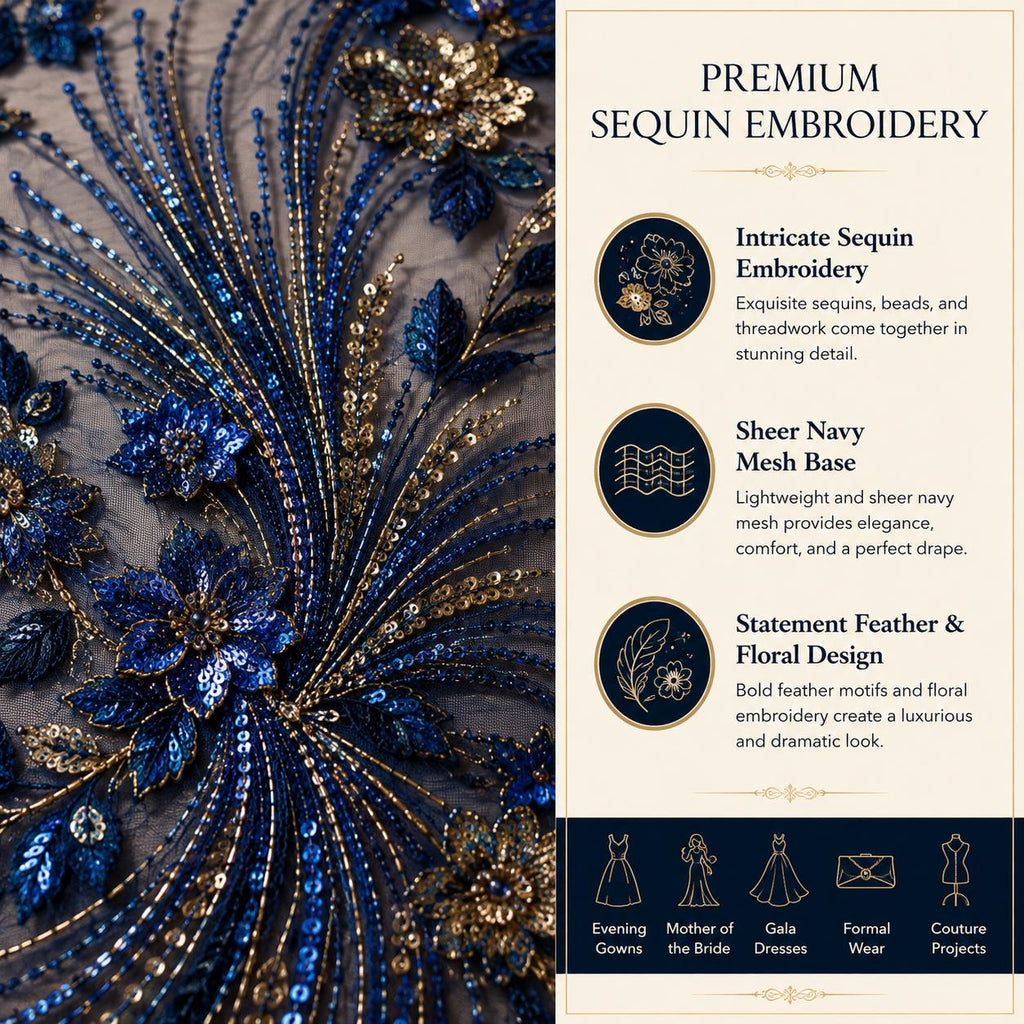 Navy Blue Sequin Lace Fabric by the Yard, Blue Gold Floral Embroidered Mesh, Sheer Couture Fabric for Evening Gowns & Formal Dresses
