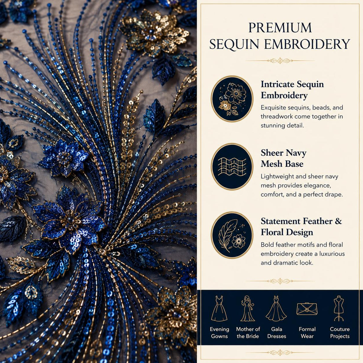 Navy Blue Sequin Lace Fabric by the Yard, Blue Gold Floral Embroidered Mesh, Sheer Couture Fabric for Evening Gowns & Formal Dresses