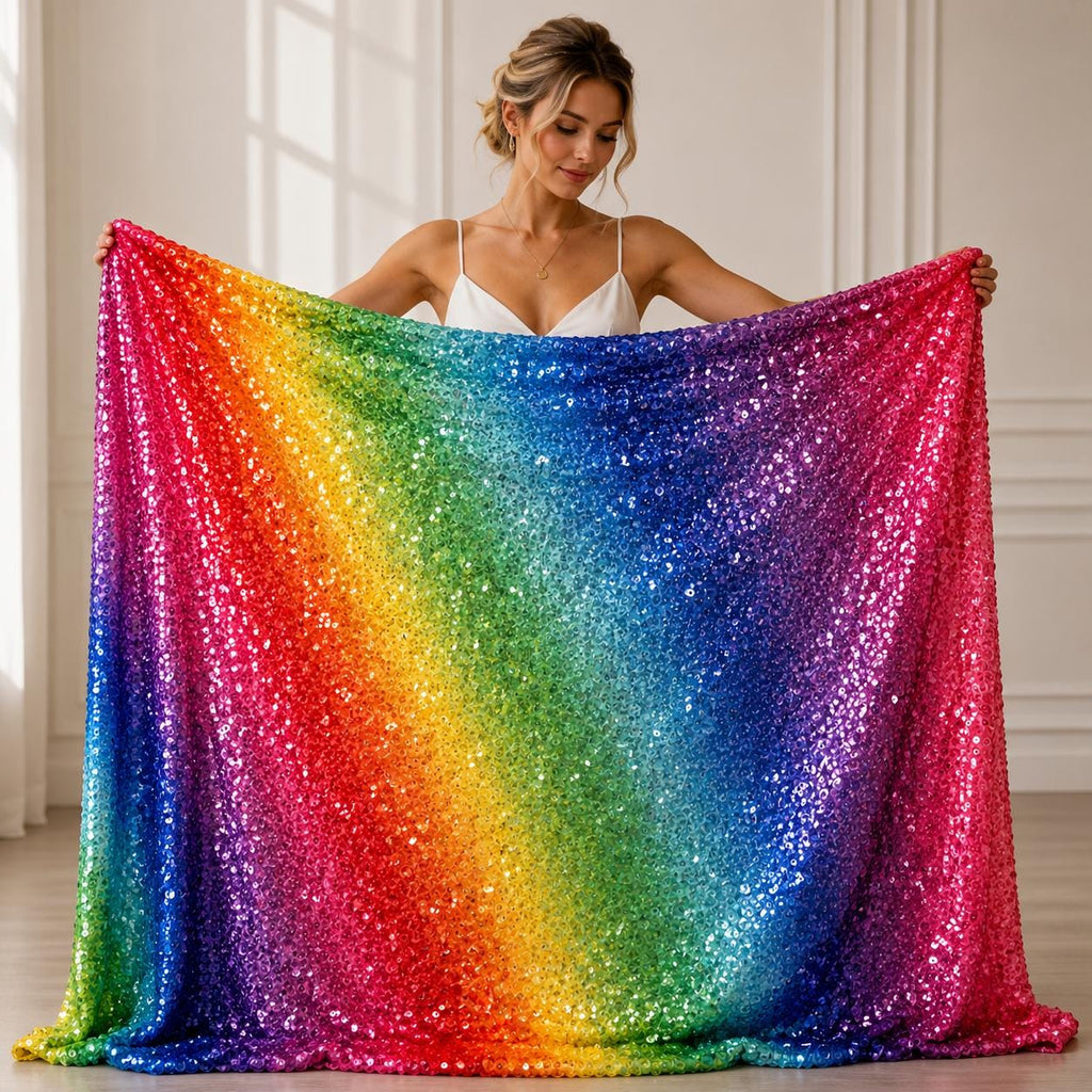 Rainbow Festival Fabric by the Yard, Glitter Ombre Sequin Mesh for Rave Outfit, Pride Costume, Dancewear, Performance Dress
