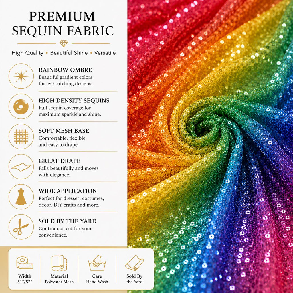 Rainbow Festival Fabric by the Yard, Glitter Ombre Sequin Mesh for Rave Outfit, Pride Costume, Dancewear, Performance Dress