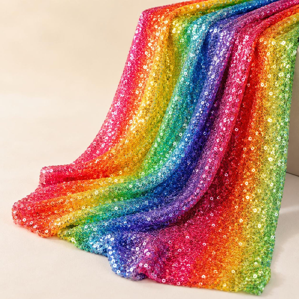 Rainbow Festival Fabric by the Yard, Glitter Ombre Sequin Mesh for Rave Outfit, Pride Costume, Dancewear, Performance Dress
