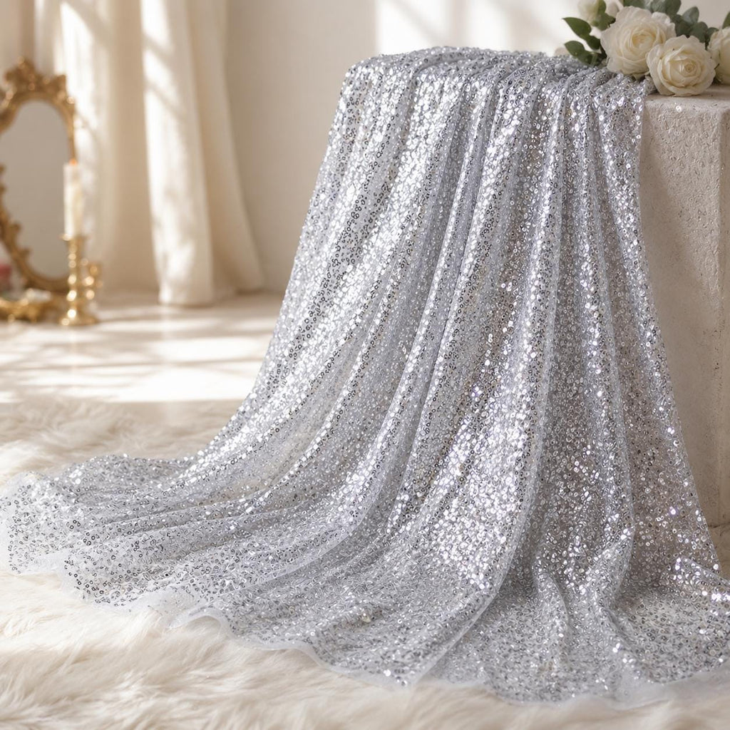 Sparkly Silver Sequin Fabric by the Yard, Glitter Mesh Fabric for Prom Dress, Dance Costume, Party Dress, Event Backdrop & Table Decoration