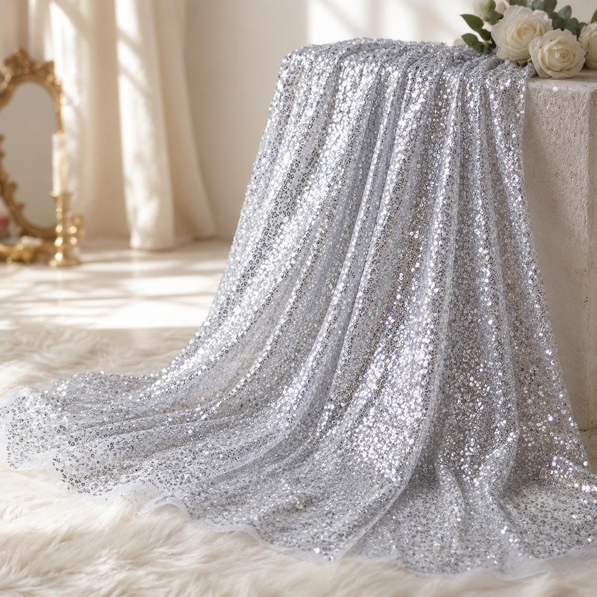 Sparkly Silver Sequin Fabric by the Yard, Glitter Mesh Fabric for Prom Dress, Dance Costume, Party Dress, Event Backdrop & Table Decoration