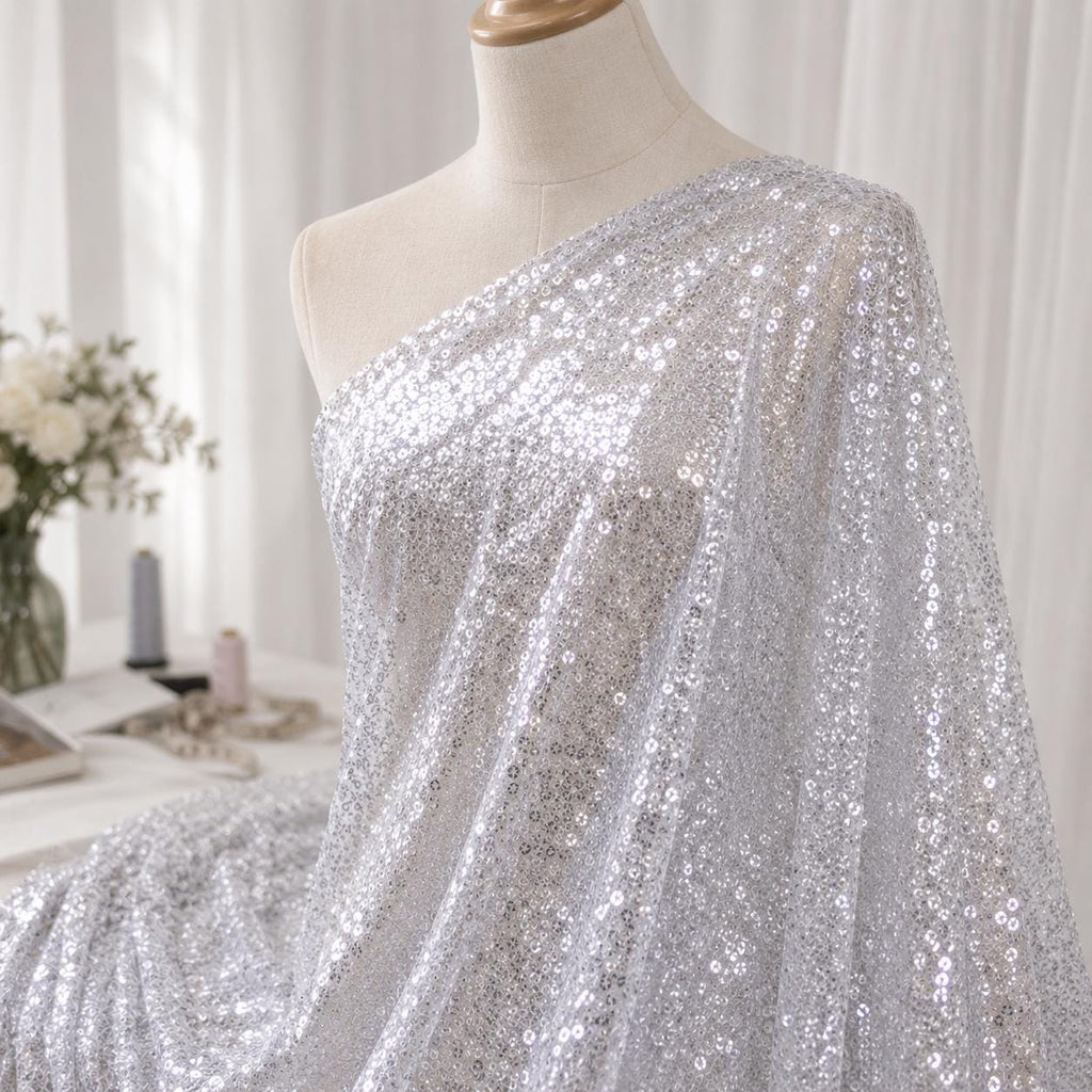 Sparkly Silver Sequin Fabric by the Yard, Glitter Mesh Fabric for Prom Dress, Dance Costume, Party Dress, Event Backdrop & Table Decoration