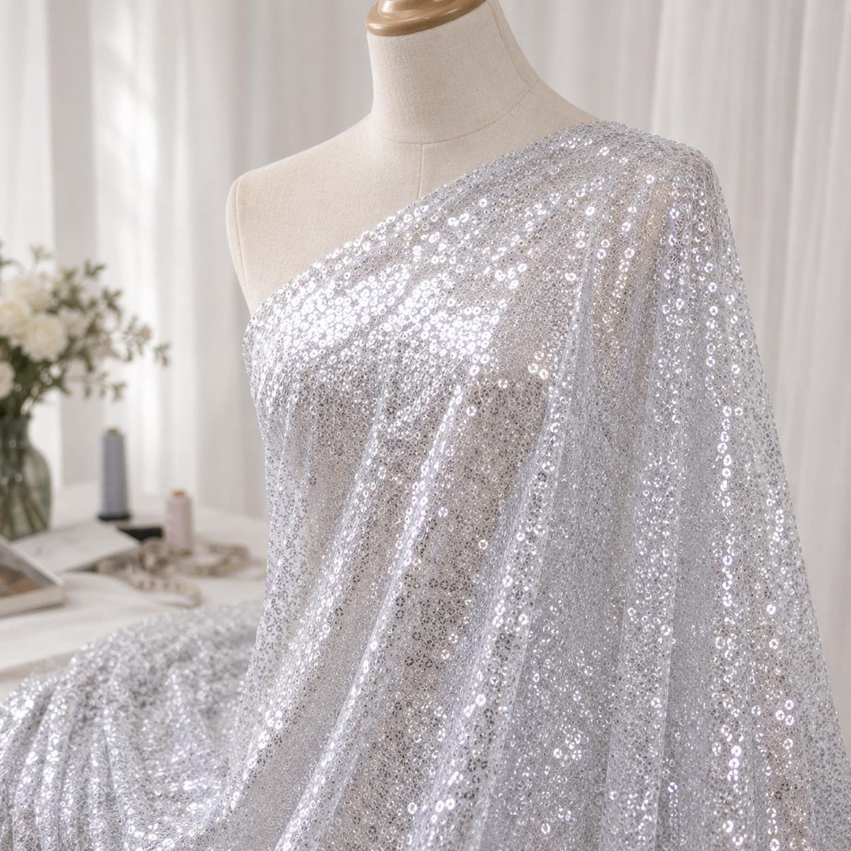 Sparkly Silver Sequin Fabric by the Yard, Glitter Mesh Fabric for Prom Dress, Dance Costume, Party Dress, Event Backdrop & Table Decoration