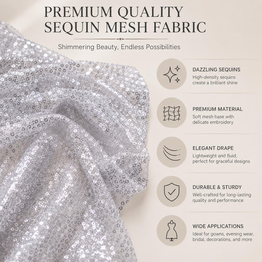 Sparkly Silver Sequin Fabric by the Yard, Glitter Mesh Fabric for Prom Dress, Dance Costume, Party Dress, Event Backdrop & Table Decoration