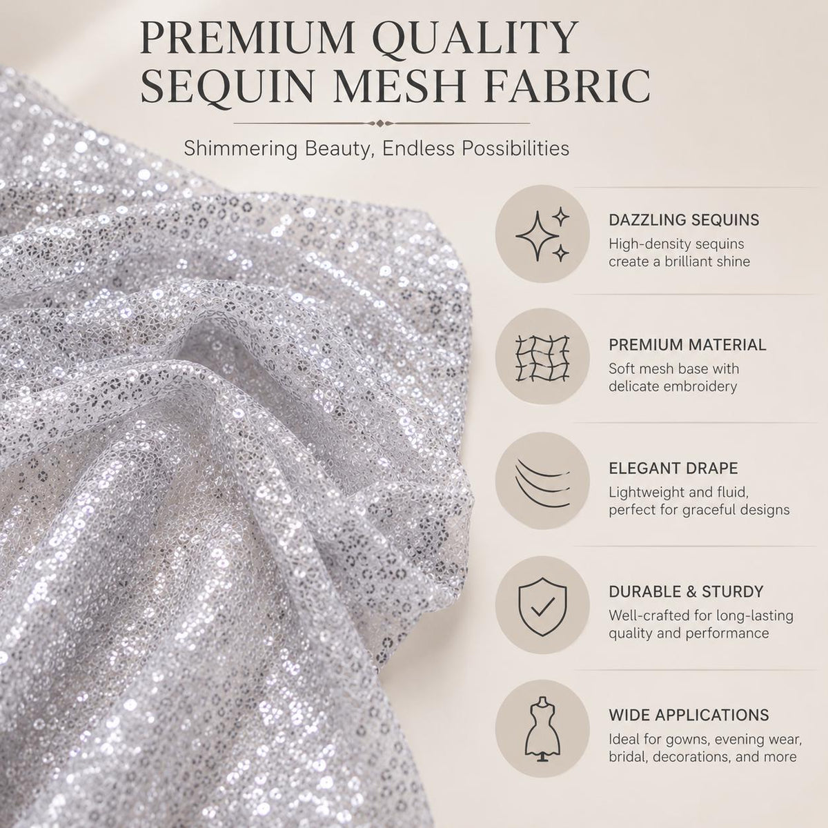 Sparkly Silver Sequin Fabric by the Yard, Glitter Mesh Fabric for Prom Dress, Dance Costume, Party Dress, Event Backdrop & Table Decoration