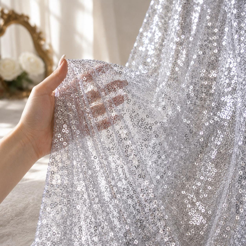 Sparkly Silver Sequin Fabric by the Yard, Glitter Mesh Fabric for Prom Dress, Dance Costume, Party Dress, Event Backdrop & Table Decoration