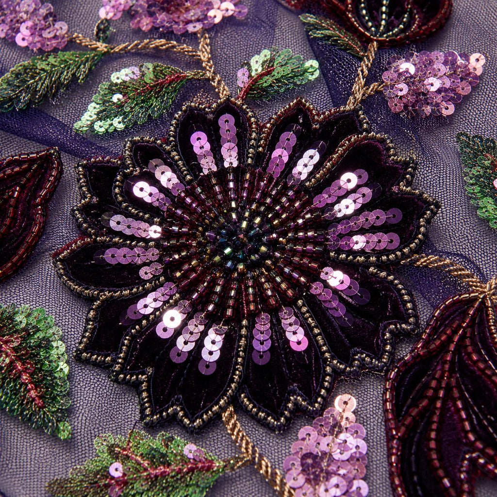 Navy Purple Floral Sequin Lace Fabric by the Yard, Multicolor Embroidered Sheer Mesh, Botanical Lace for Evening Gowns & Formal Dresses