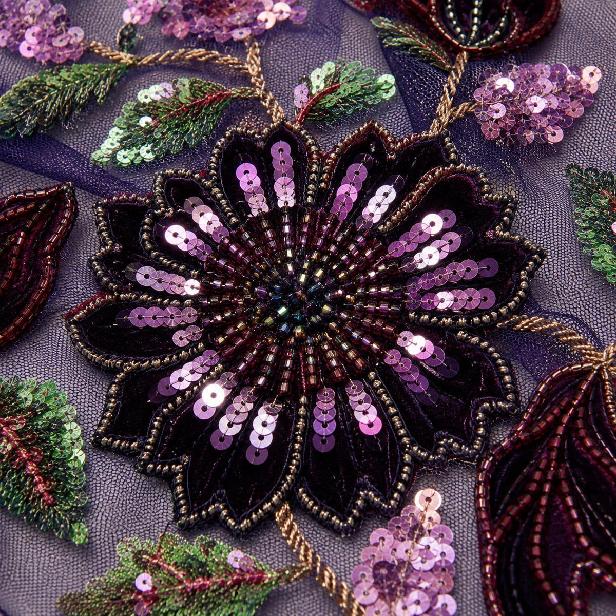 Navy Purple Floral Sequin Lace Fabric by the Yard, Multicolor Embroidered Sheer Mesh, Botanical Lace for Evening Gowns & Formal Dresses