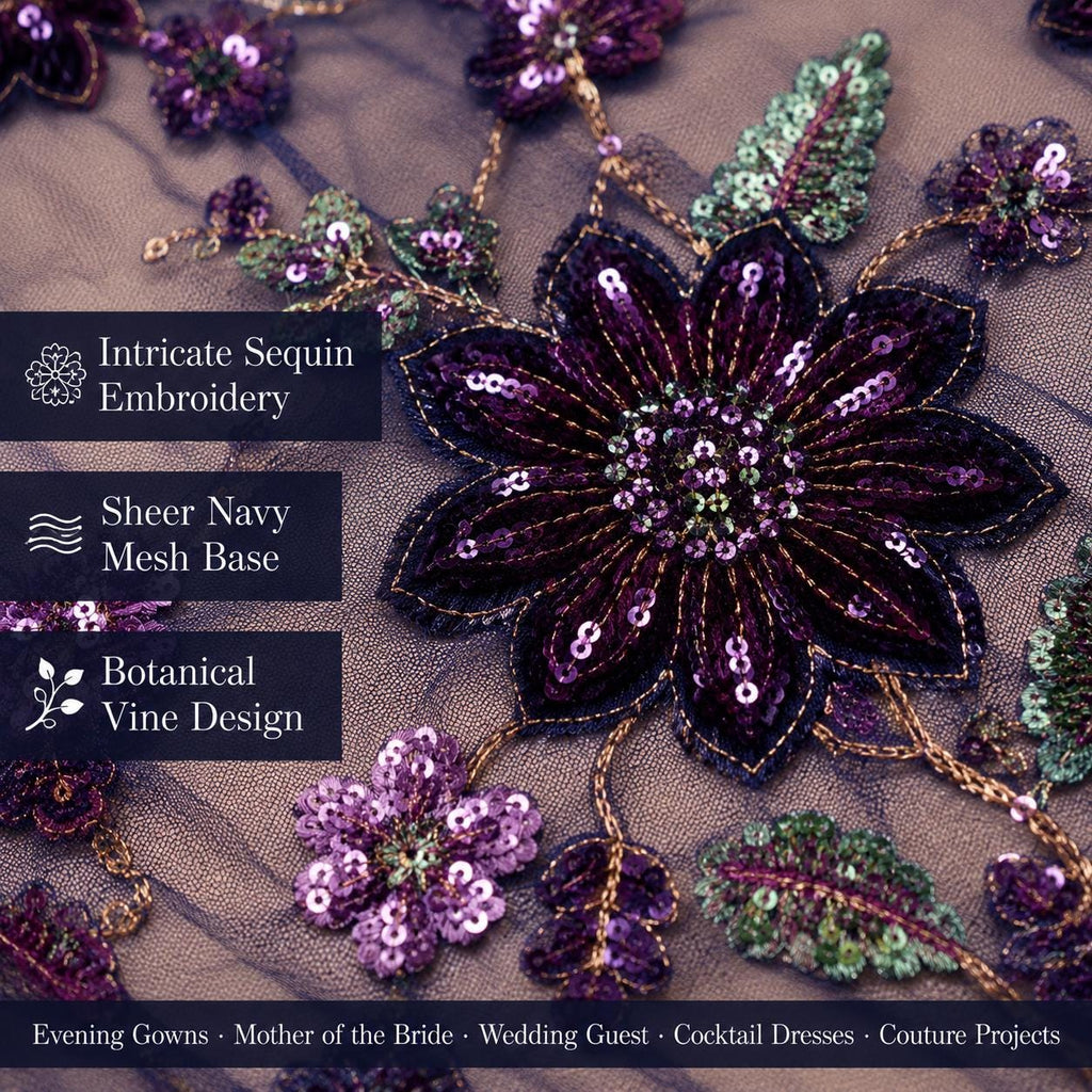 Navy Purple Floral Sequin Lace Fabric by the Yard, Multicolor Embroidered Sheer Mesh, Botanical Lace for Evening Gowns & Formal Dresses