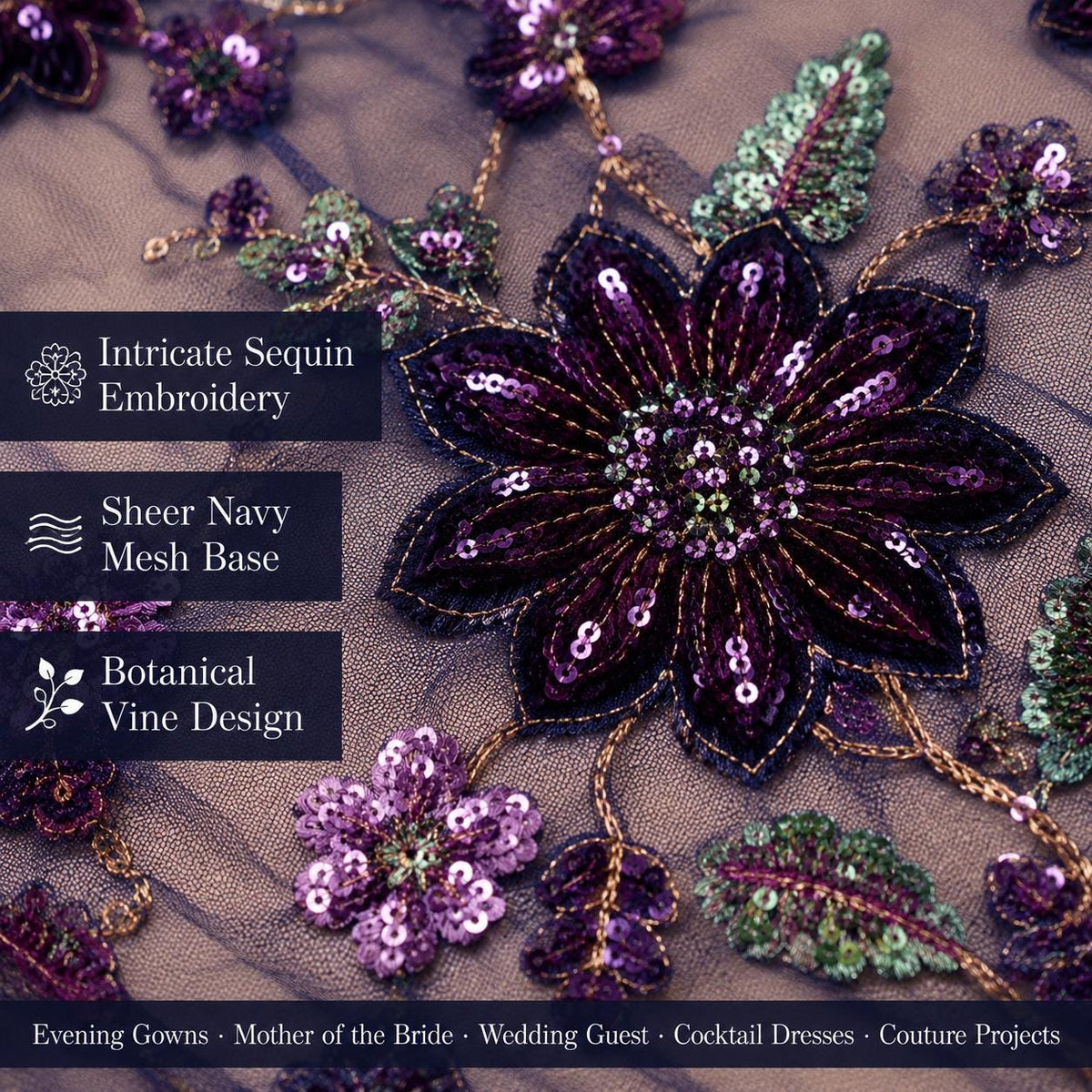 Navy Purple Floral Sequin Lace Fabric by the Yard, Multicolor Embroidered Sheer Mesh, Botanical Lace for Evening Gowns & Formal Dresses