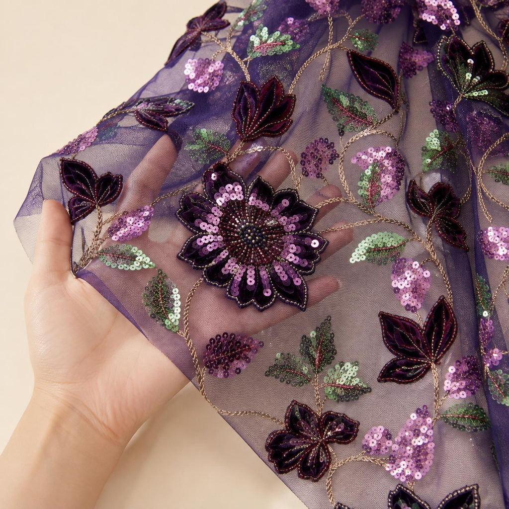 Navy Purple Floral Sequin Lace Fabric by the Yard, Multicolor Embroidered Sheer Mesh, Botanical Lace for Evening Gowns & Formal Dresses