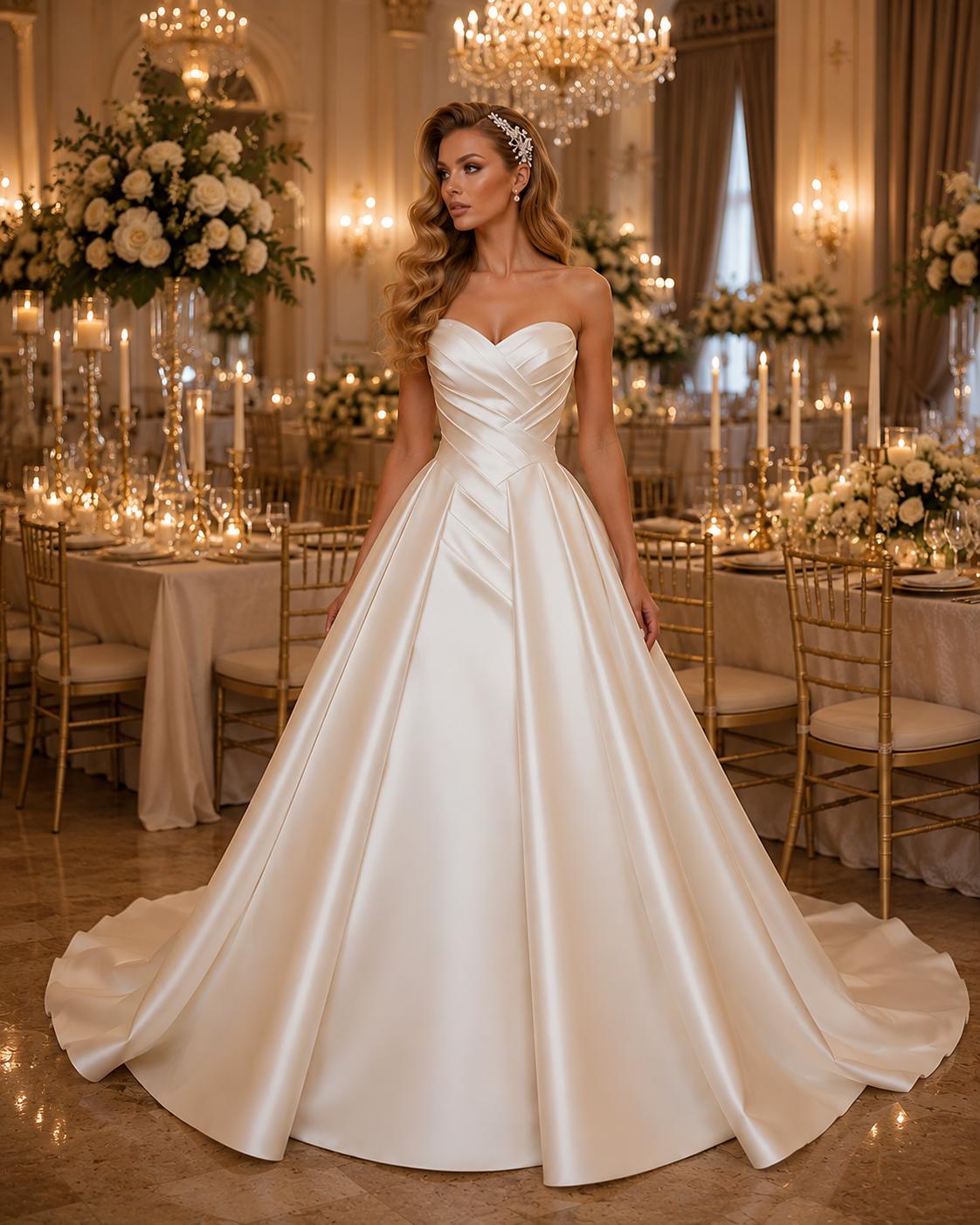 Strapless Satin Wedding Dress with Pleated Corset