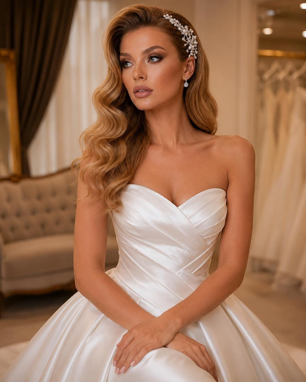 Strapless Satin Wedding Dress with Pleated Corset