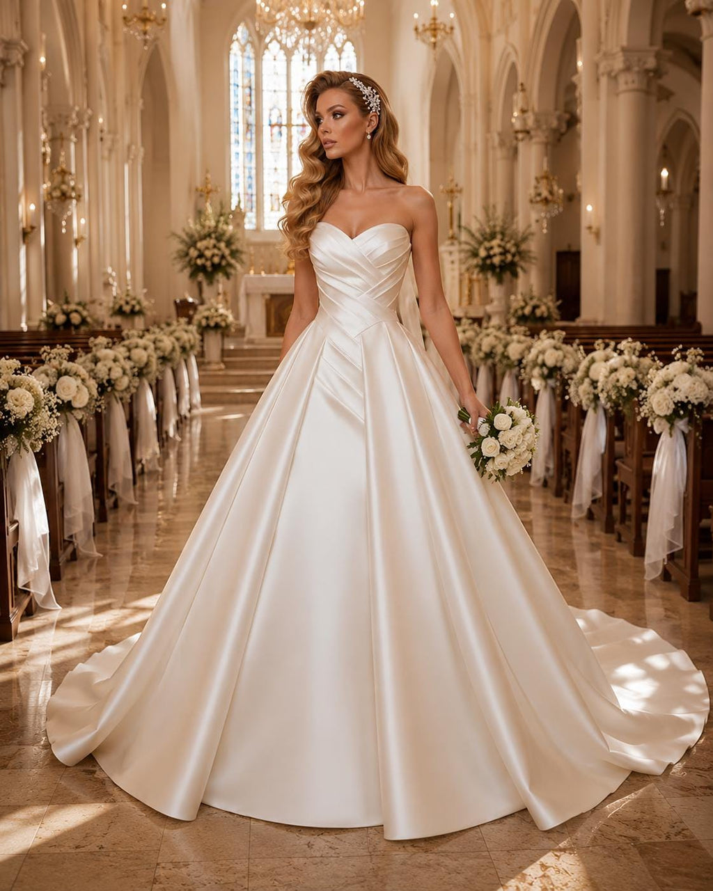 Strapless Satin Wedding Dress with Pleated Corset
