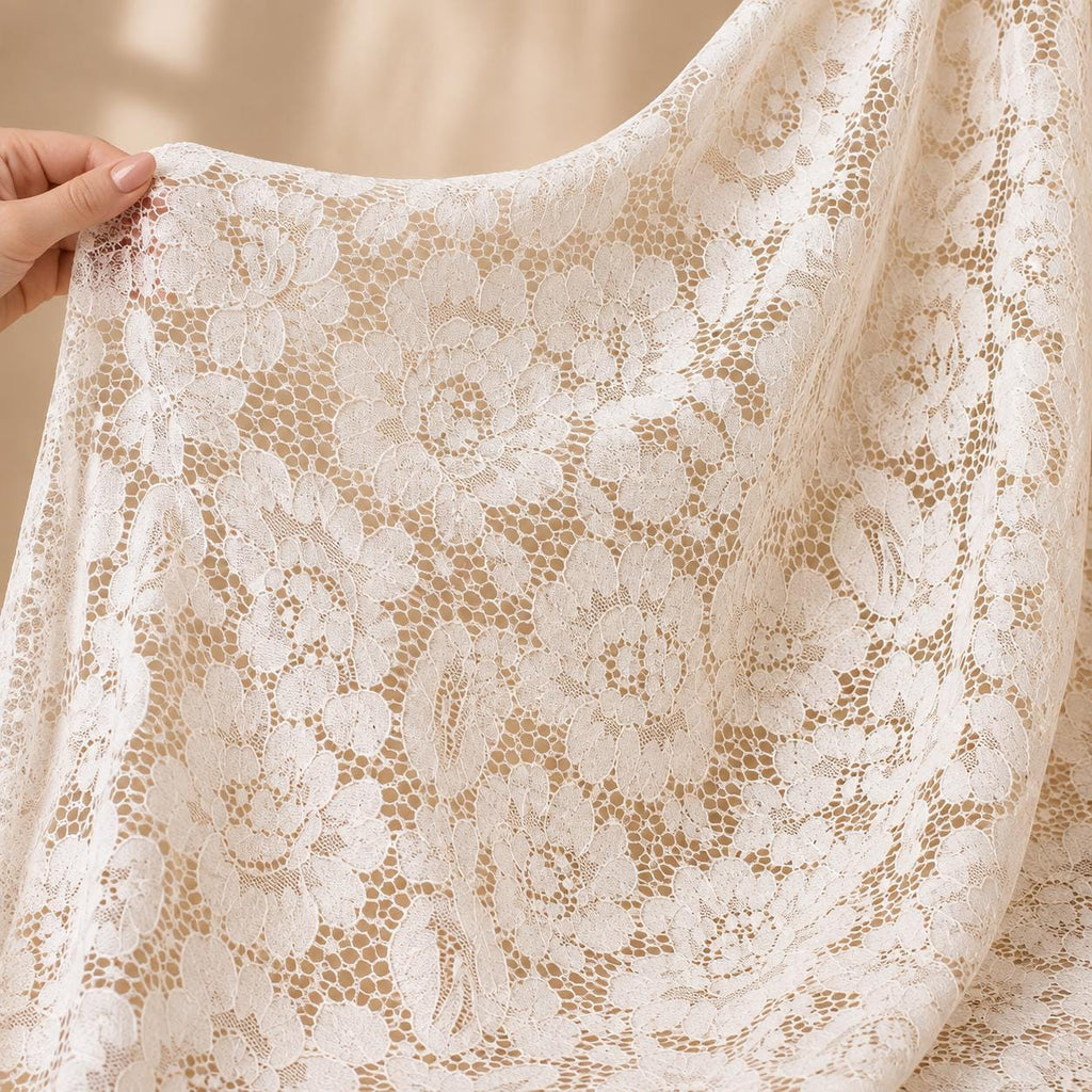 Ivory Floral Lace Fabric by the Yard, Corded Bridal Lace for Wedding Dress, Veil, Gown, Sleeves & Couture, 58–59 in Wide