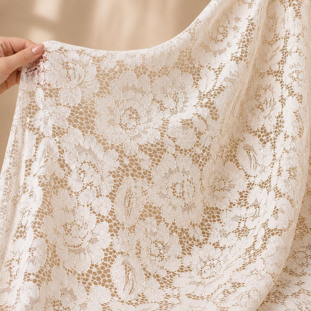 Ivory Floral Lace Fabric by the Yard, Corded Bridal Lace for Wedding Dress, Veil, Gown, Sleeves & Couture, 58–59 in Wide