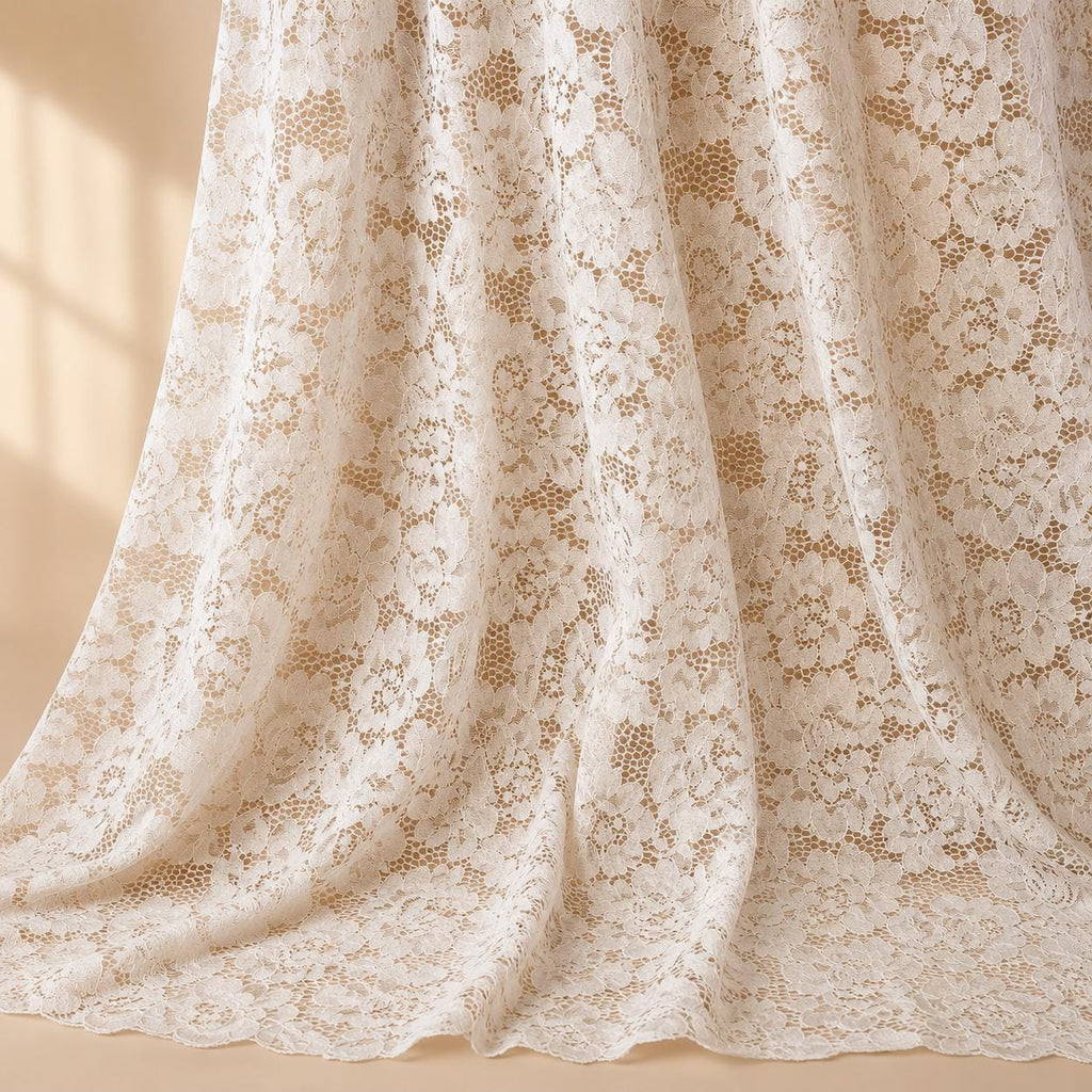 Ivory Floral Lace Fabric by the Yard, Corded Bridal Lace for Wedding Dress, Veil, Gown, Sleeves & Couture, 58–59 in Wide