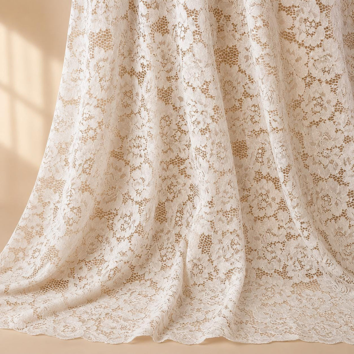 Ivory Floral Lace Fabric by the Yard, Corded Bridal Lace for Wedding Dress, Veil, Gown, Sleeves & Couture, 58–59 in Wide