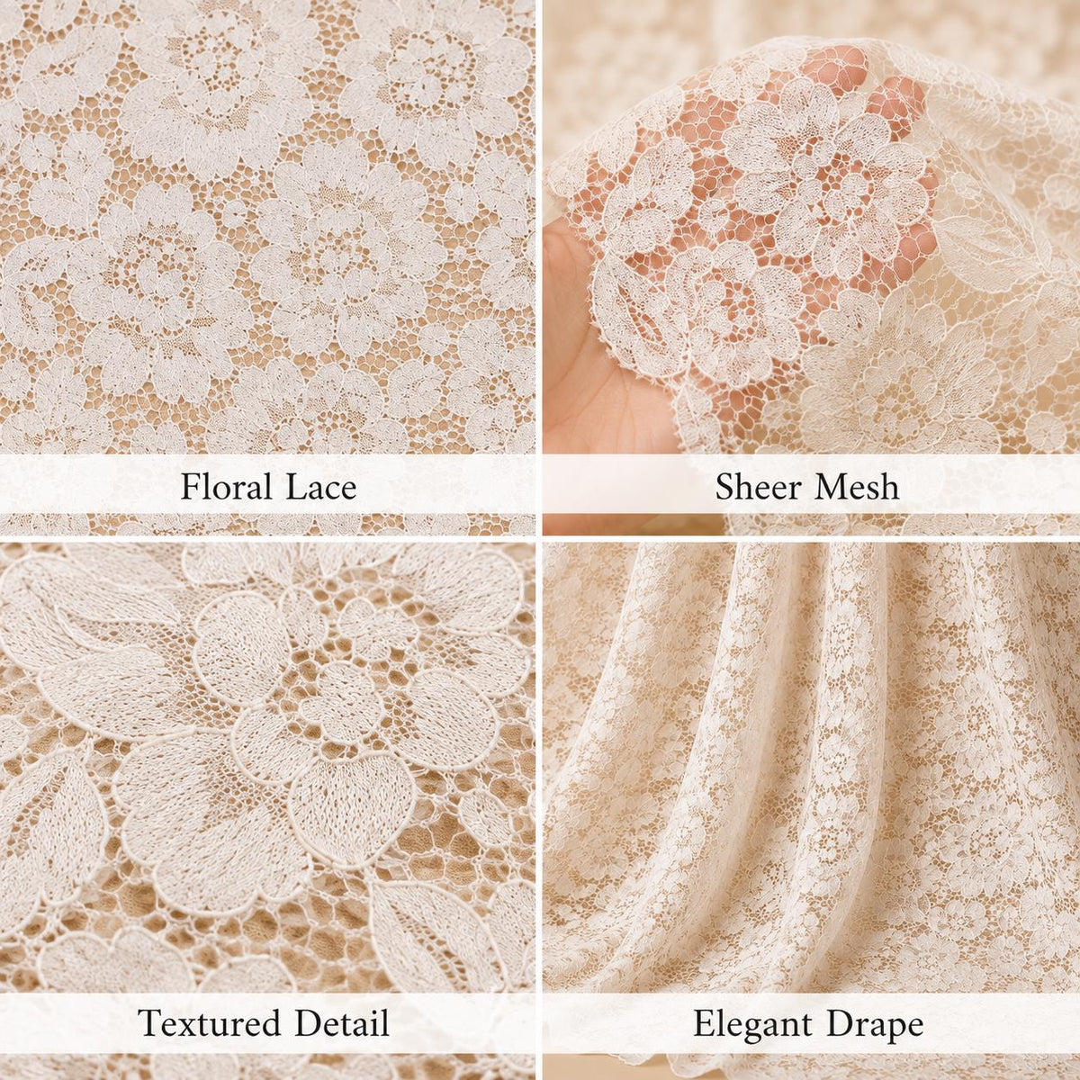 Ivory Floral Lace Fabric by the Yard, Corded Bridal Lace for Wedding Dress, Veil, Gown, Sleeves & Couture, 58–59 in Wide