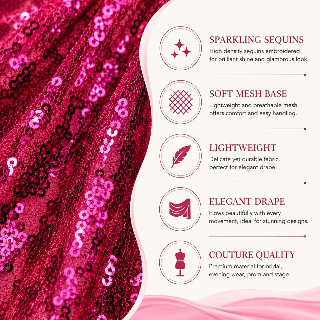 Hot Pink Mini Sequin Mesh Fabric by the Yard, Fuchsia Embroidered Glitter Tulle Fabric for Prom Dress, Evening Gown, Stage Costume & Bridal
