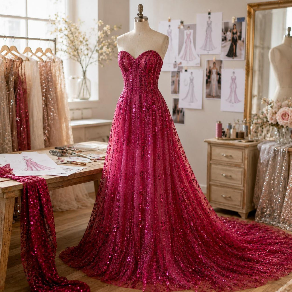 Hot Pink Mini Sequin Mesh Fabric by the Yard, Fuchsia Embroidered Glitter Tulle Fabric for Prom Dress, Evening Gown, Stage Costume & Bridal