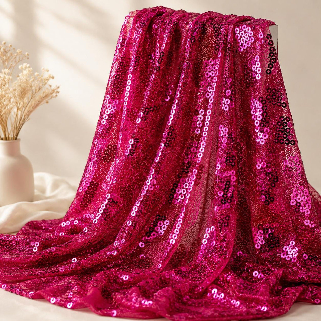 Hot Pink Mini Sequin Mesh Fabric by the Yard, Fuchsia Embroidered Glitter Tulle Fabric for Prom Dress, Evening Gown, Stage Costume & Bridal