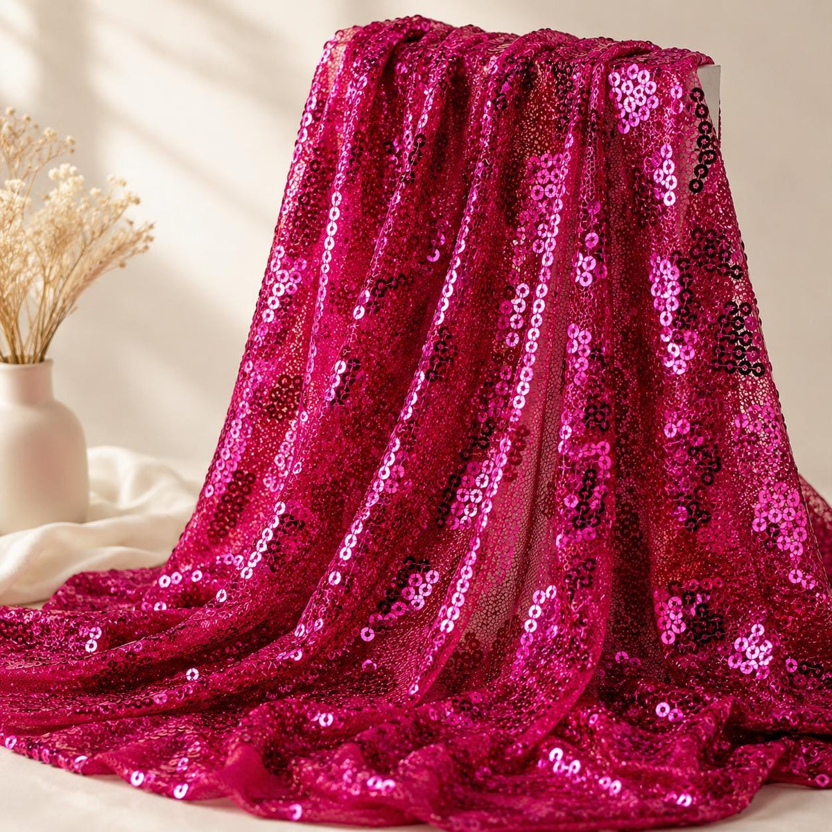 Hot Pink Mini Sequin Mesh Fabric by the Yard, Fuchsia Embroidered Glitter Tulle Fabric for Prom Dress, Evening Gown, Stage Costume & Bridal