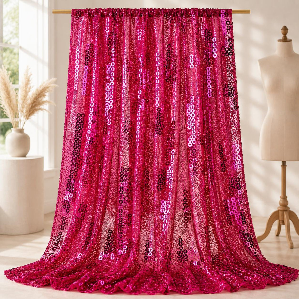 Hot Pink Mini Sequin Mesh Fabric by the Yard, Fuchsia Embroidered Glitter Tulle Fabric for Prom Dress, Evening Gown, Stage Costume & Bridal