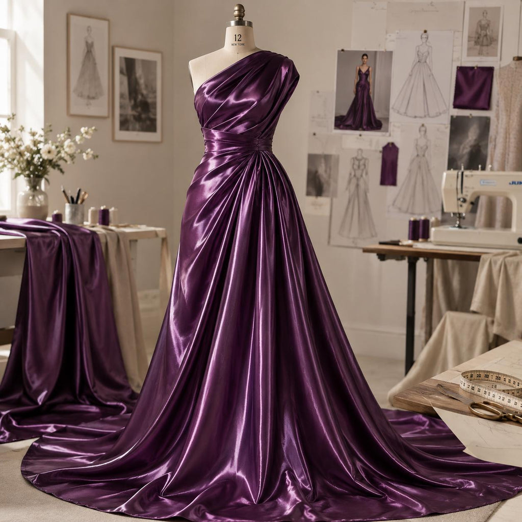 High Shine Bridal Satin Fabric by the Yard, Glossy Plum Purple Polyester Satin for Wedding Dress, Bridesmaid Gown, Decor & Sewing